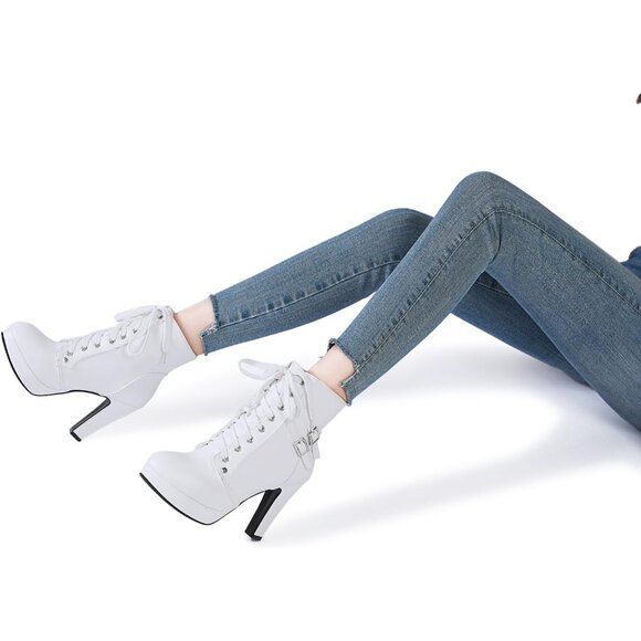 Women's White Susanny High Heel Platform for Sexy Lace Up Mid Calf Boots - Picture 5 of 9